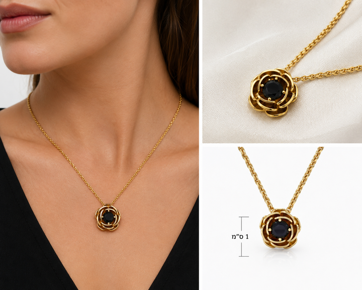 Rose gold plated yellow gold necklace studded with black zircon