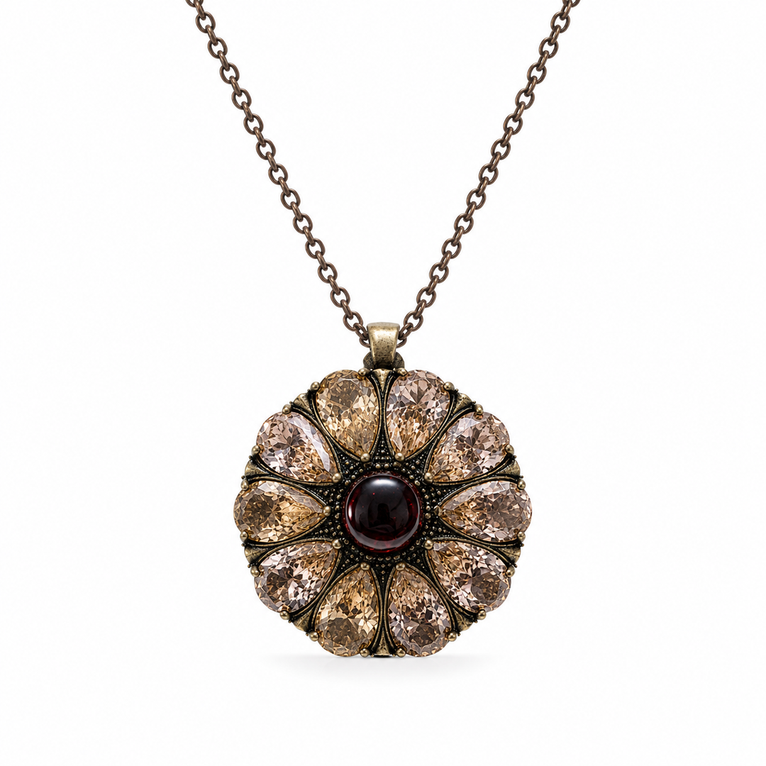 Drop flower necklace inlaid with cream garnet colored crystals