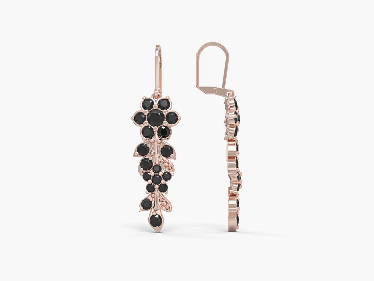 Long flowering branch dangling earrings studded with zirconia gems